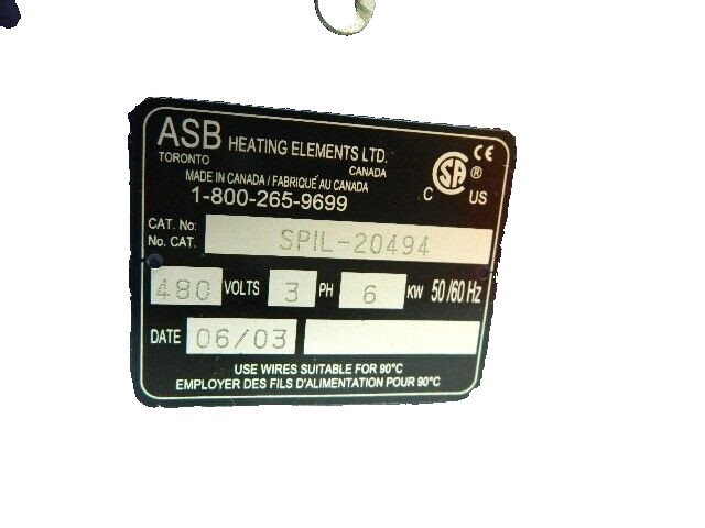 ASB 6Kw Immersion Heater SPIL-20494 Water Heater 480 Vac 3 Ph