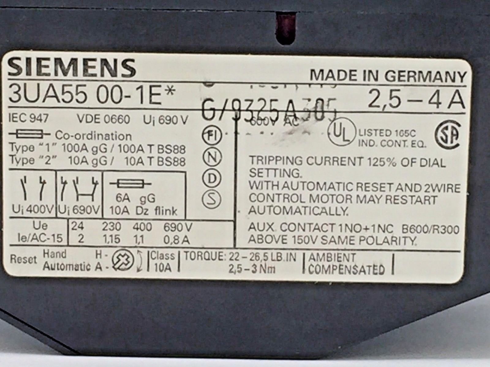 Siemens 3UA55 00-1E Overload Relay World Series Type 3UA5 3UW1 2.5…4 Amps