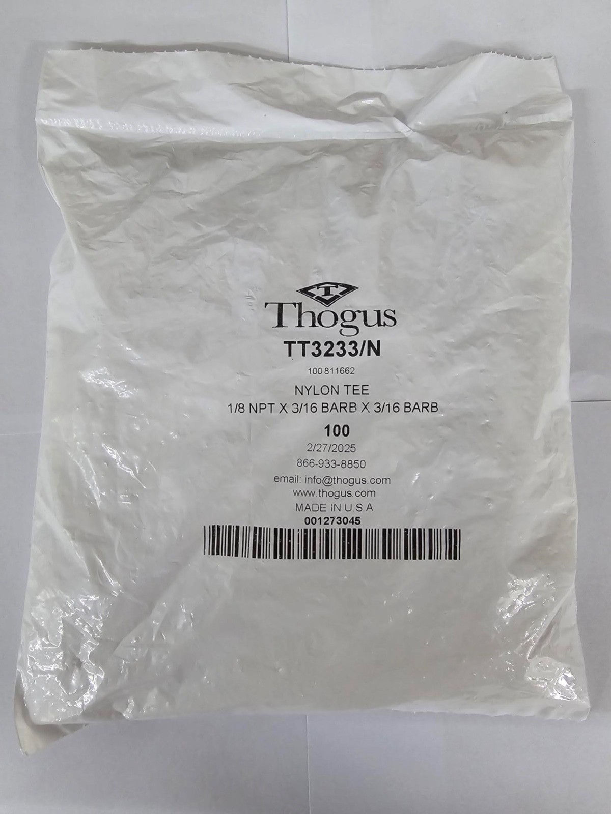 1/8″ NPT x 3/16″ Hose ID x 3/16″ Hose ID Nylon Reducing Tee – Bag of 100pcs