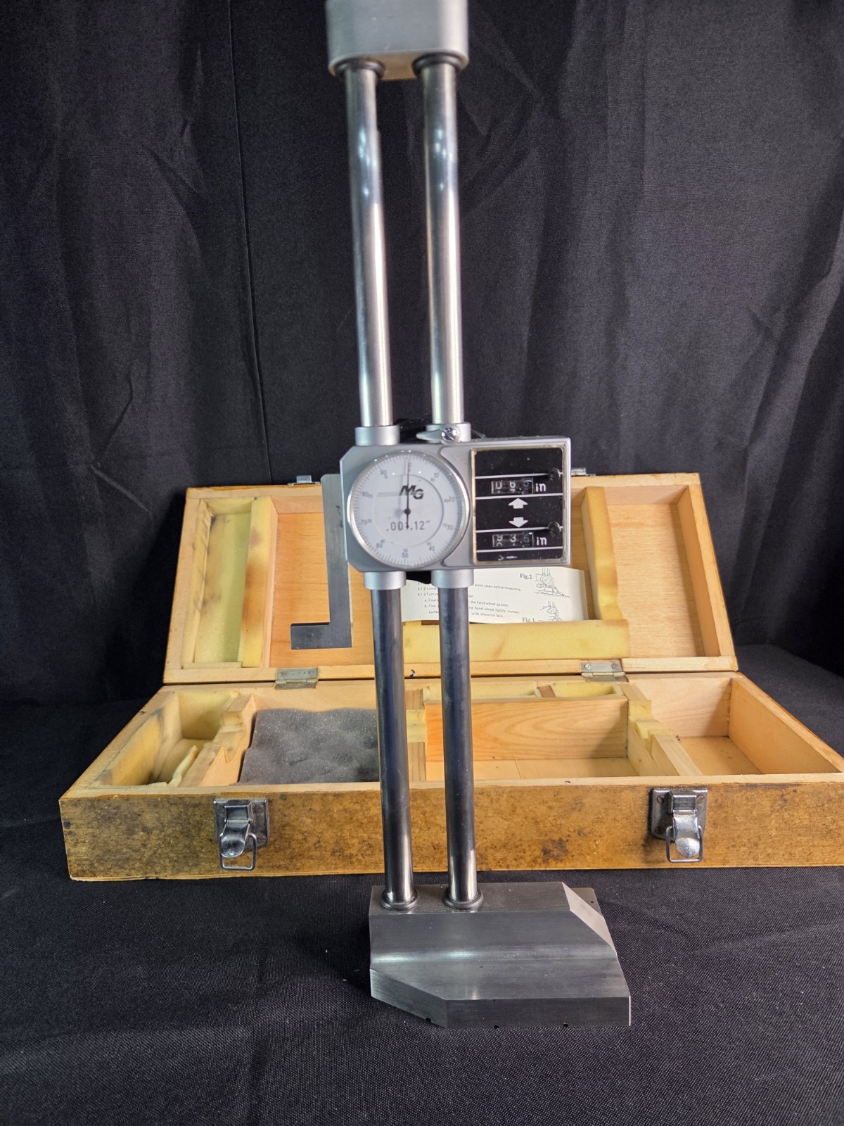 Double Column Height dial Gauge. 18″ x 6″ x 4″, MG Brand – Original Wooden Case