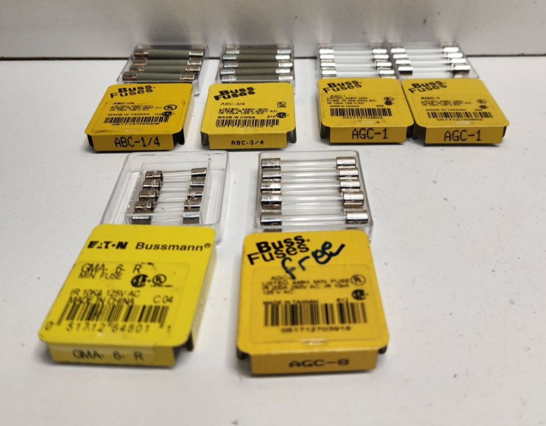 MIXED LOT OF 29 NEW IN BOX! BUSSMANN 125V FUSES ABC-1/4 ABC-3/4 AGC-1 GMA-6 AGC-