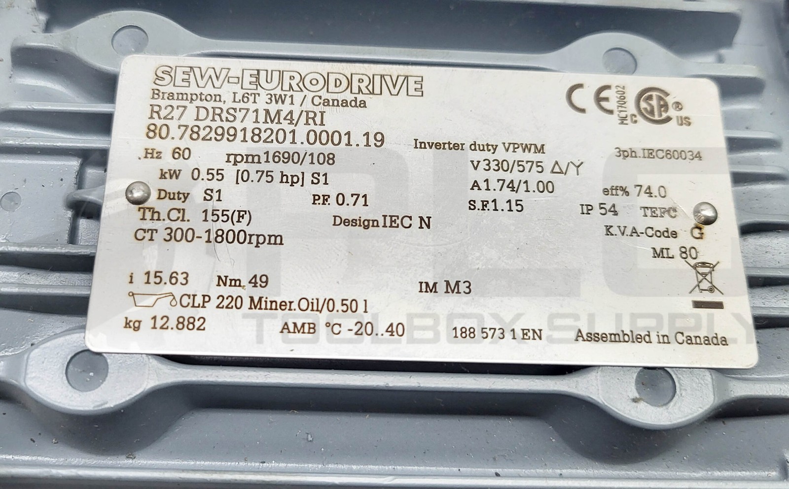 NEW SEW EURODRIVE R27 DRS71M4/RI GEAR MOTOR 3/4HP 1690RPM RATIO: 15.63:1