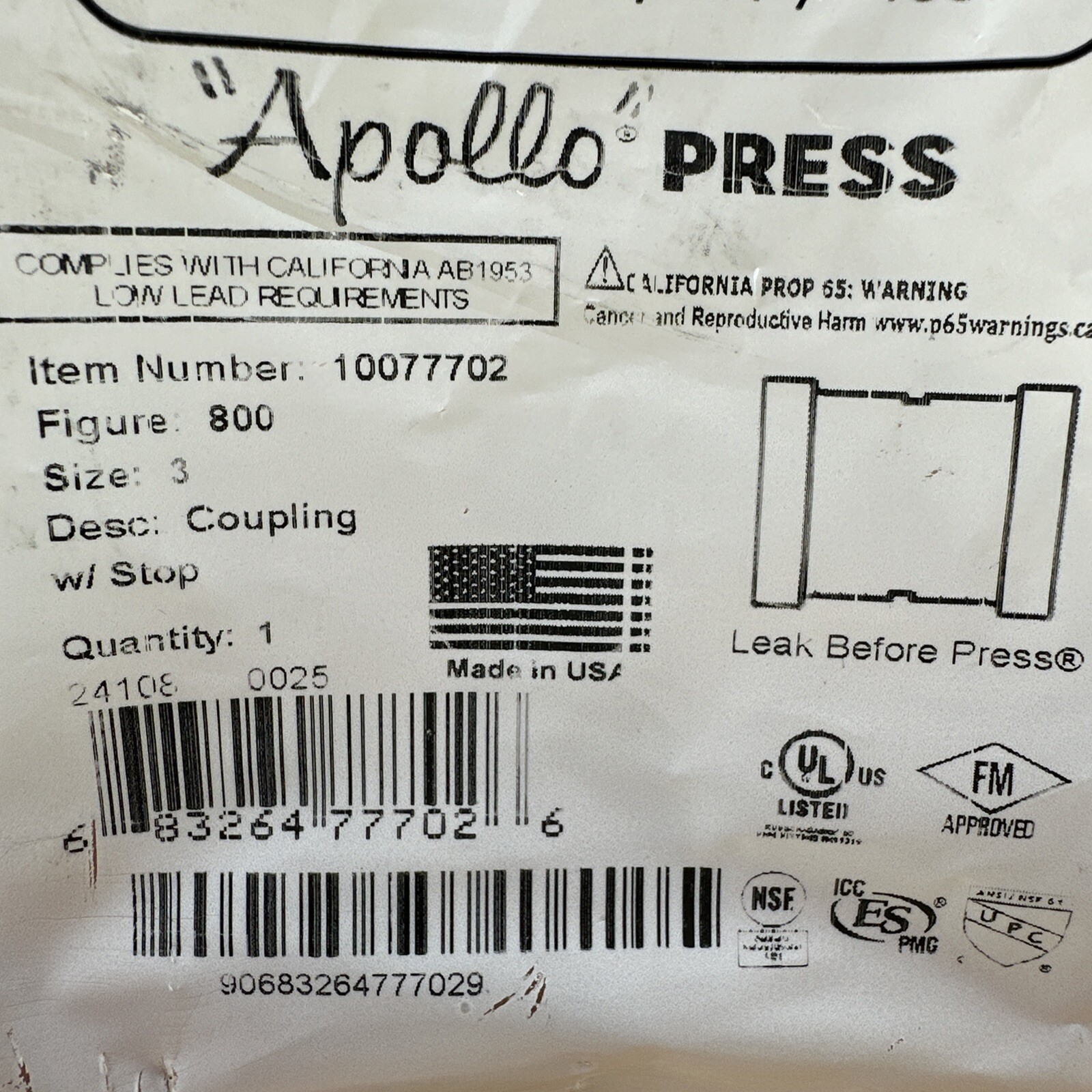 Apollo Press Coupling With Stop 3″ New Figure 800 Item 10077702