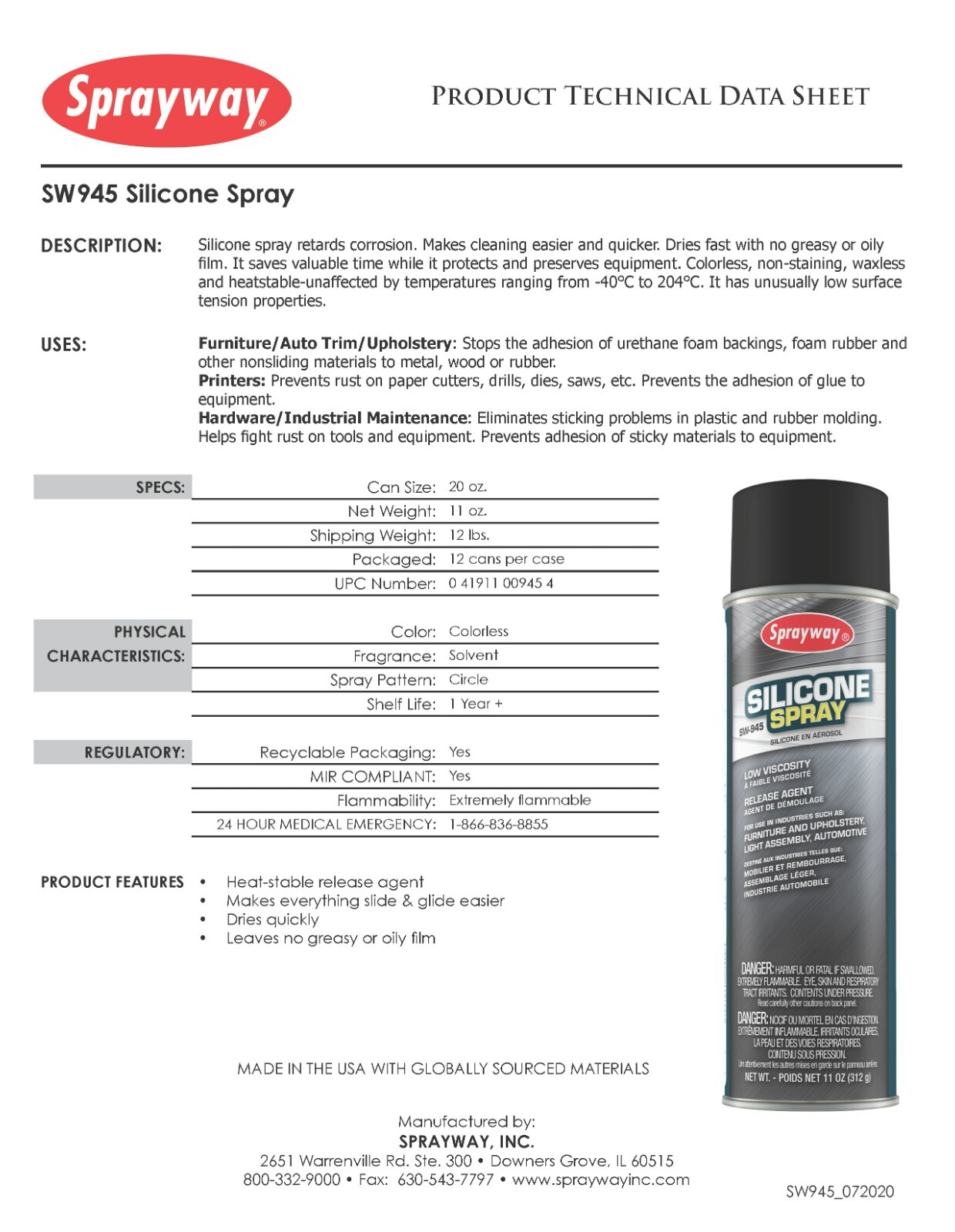 Sprayway Silicone Spray Brand New #SW 945 11oz