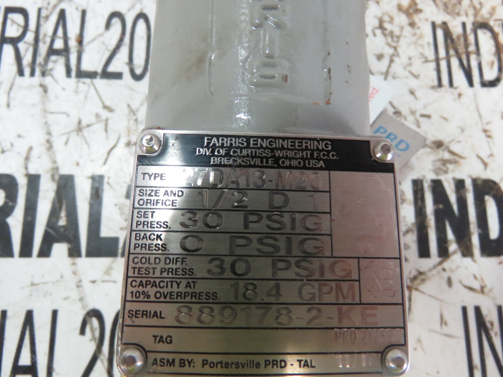 FARRIS RELIEF VALVE 27DA13-M20 SIZE 1/2 NEW OLD STOCK