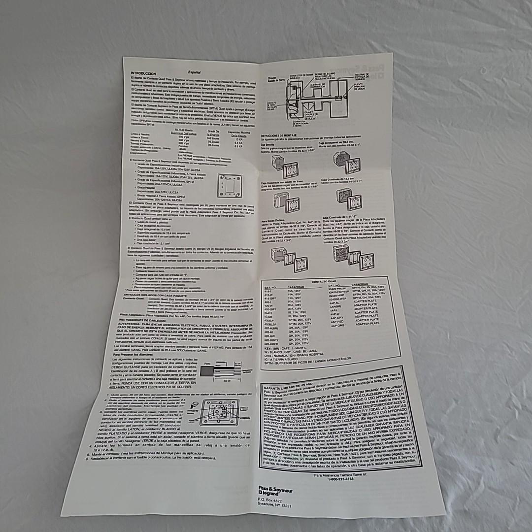 PASS & SEYMOUR 420-I QUAD RECEPTACLE. Leviton 20A-125V. New Open Box.