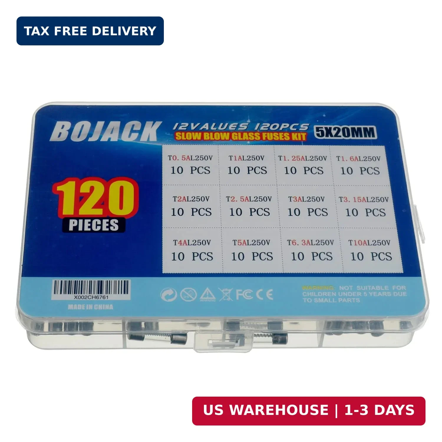 BOJACK 12 Values 120 pcs Slow Blow Glass Fuses Assortment Kit 5x20mm 250V T0.5A