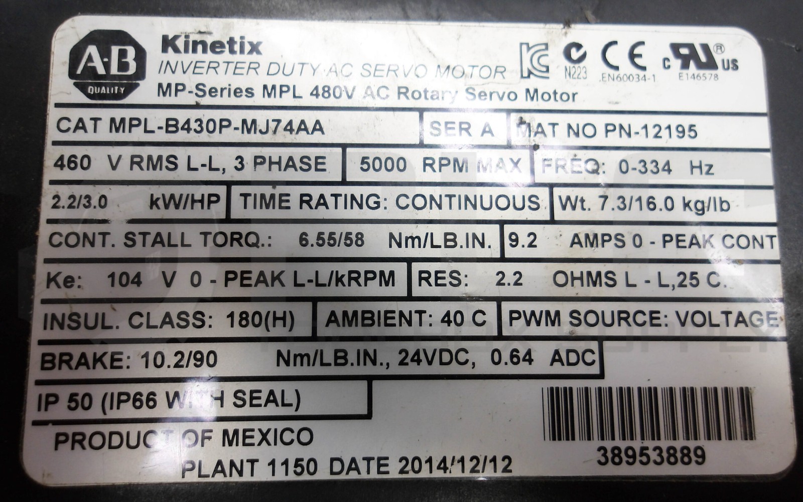 ALLEN BRADLEY MPL-B430P-MJ74AA /A SERVO MOTOR 3PHASE 5000RPM 0-334HZ