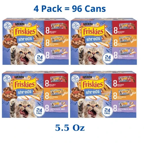 Friskies® Shreds Adult Cat Wet Food – Variety Pack, 5.5 Oz (4 Pack = 96 Cans)