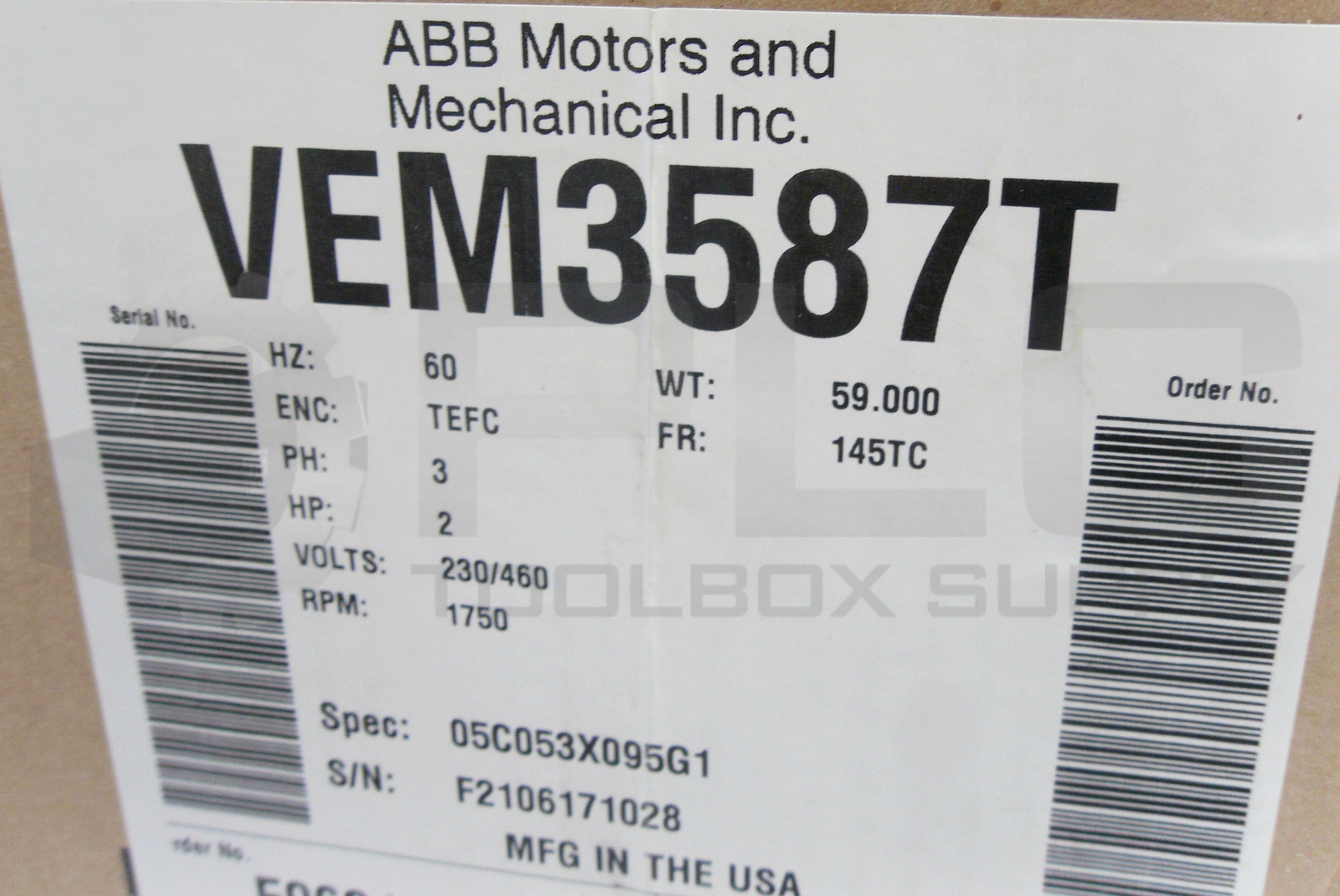 NEW BALDOR VEM3587T SUPER E MOTOR SPEC 05C053X095G1 HP 2 230/460V RPM 1750