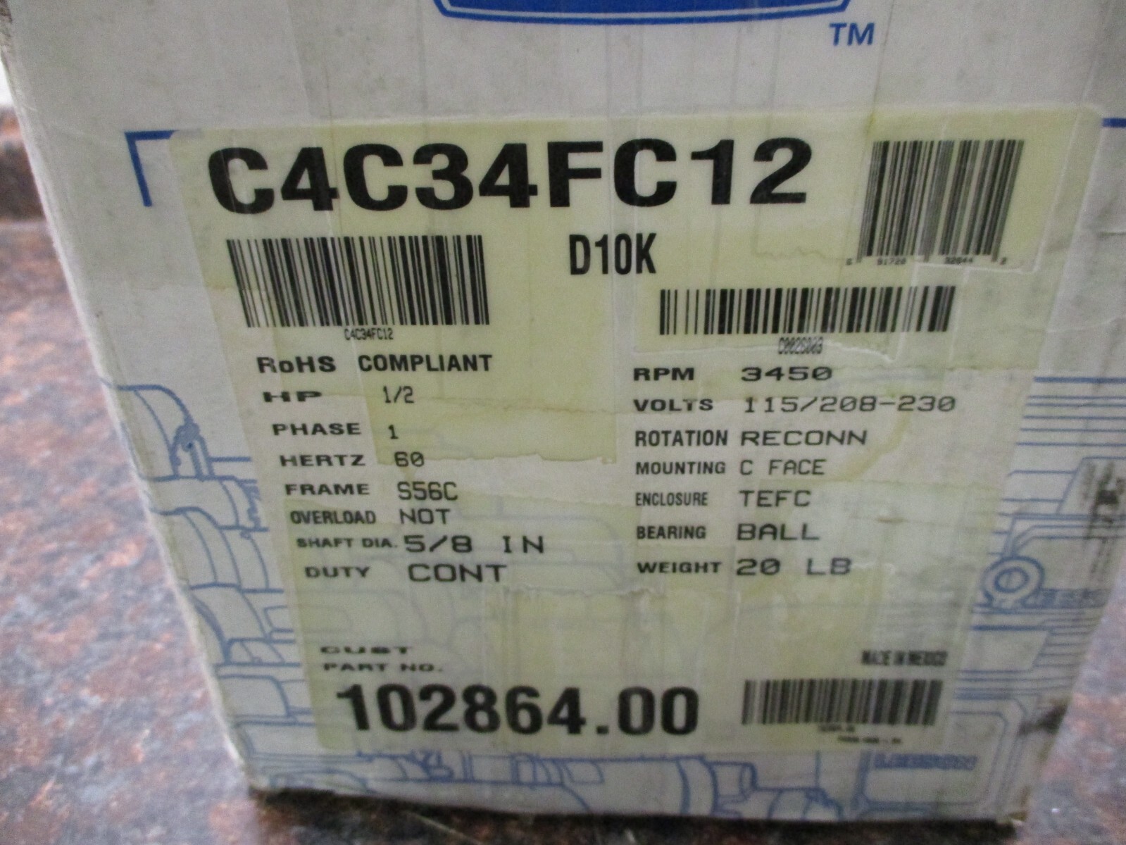NEW LEESON ELECTRIC MOTOR 3450RPM 1/2HP C4C34FC12 102864.00