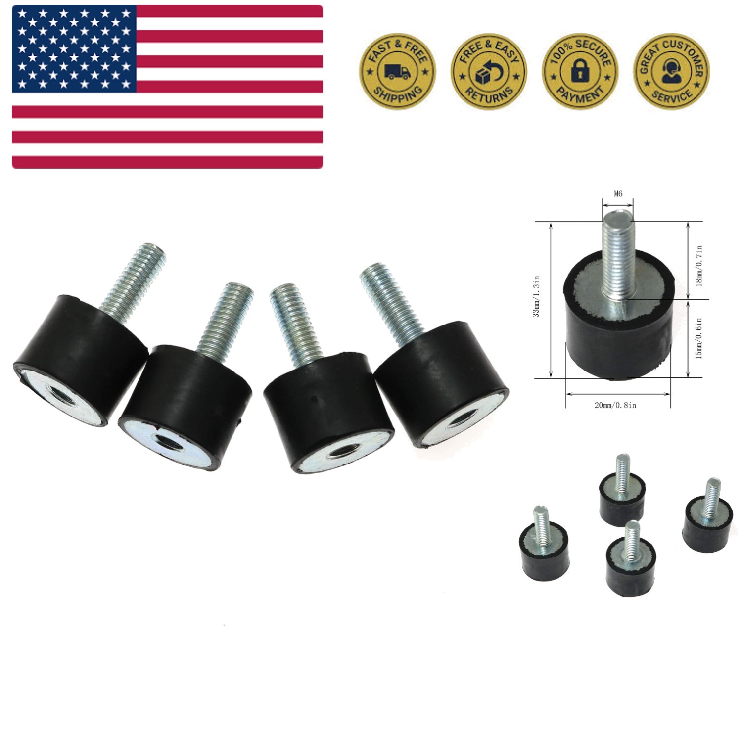 4pcs M6 x 18mm Male Thread 20 x 15mm Rubber Base Vibration Isolator Mount Sho…