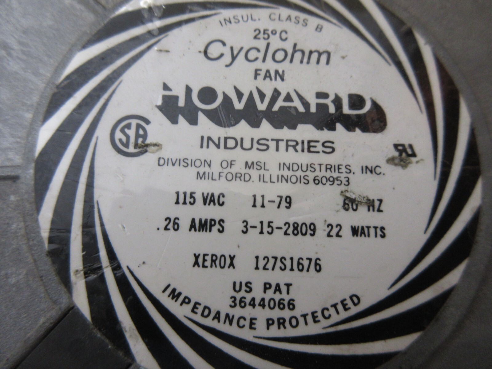 HOWARD INDUSTRIES CYCLOHM FAN XEROX 127S1676 3644066 115 VAC 60HZ 26 3-15-2809
