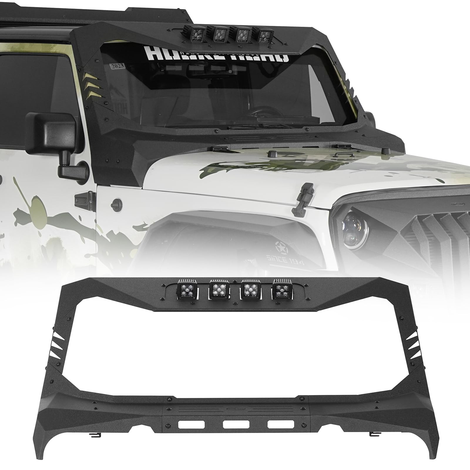 JK Wrangler 2007-2018 Windshield Frame Cover Sun Visor Cowl Armor 4X LED Lights