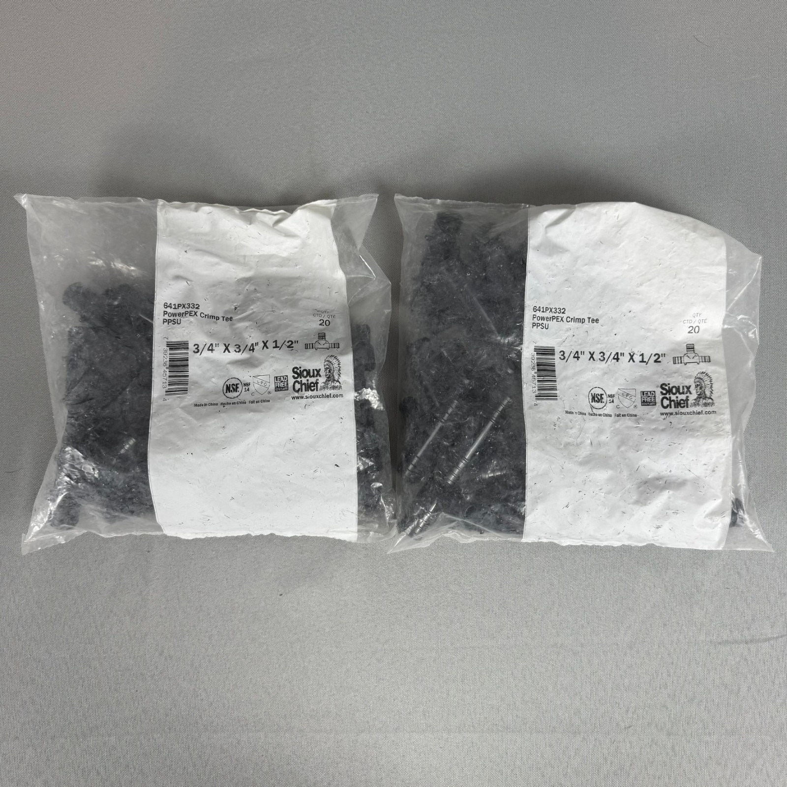 Lot of 2 – Sioux Chief 641PX332 20pcs PowerPEX 3/4 x 3/4 x 1/2 Polymer Crimp Tee