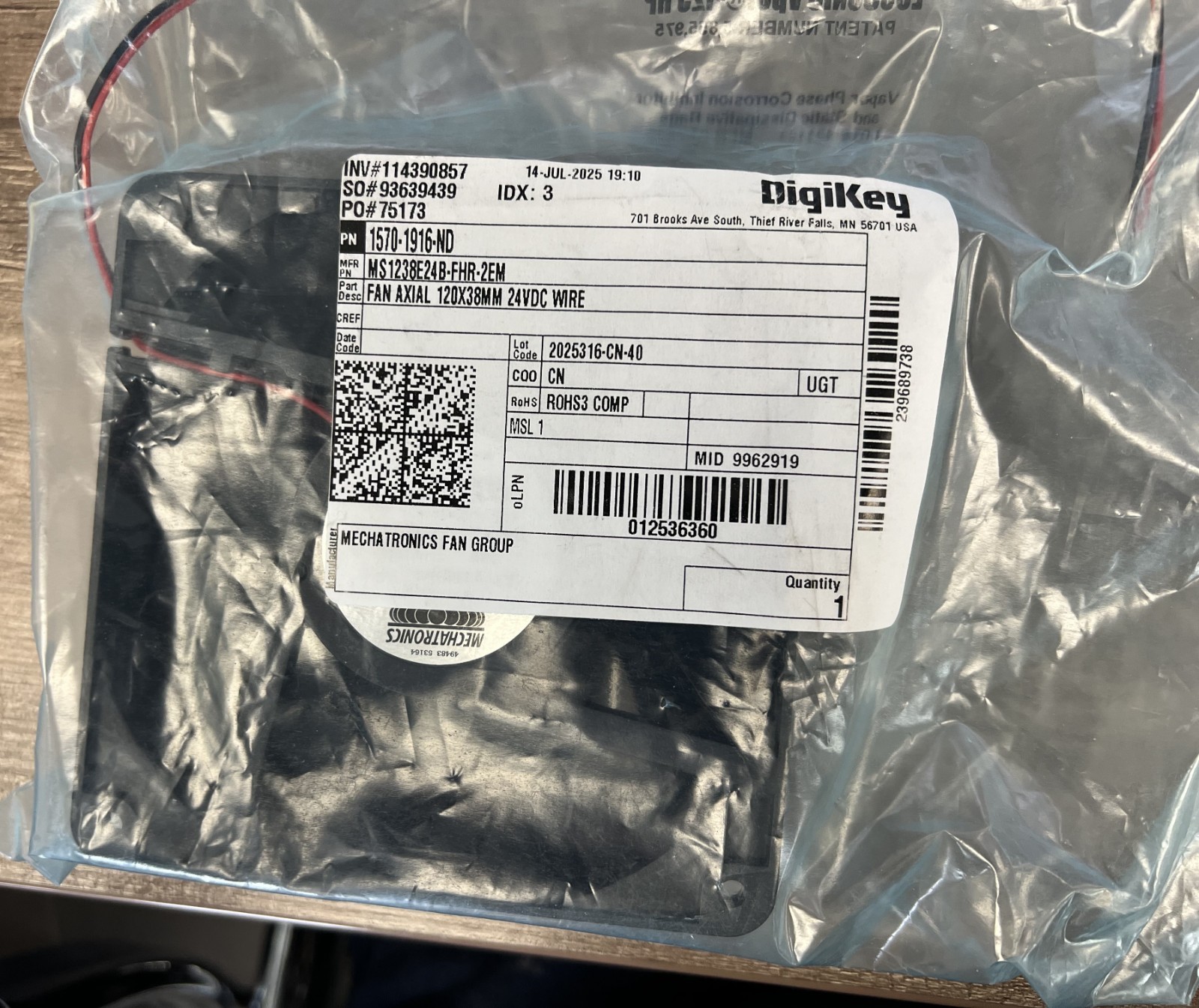 Mechatronics MS1238E24B1+6-FHR-2EM Tubeaxial Fan – 24VDC – Square 120mm L x 1…