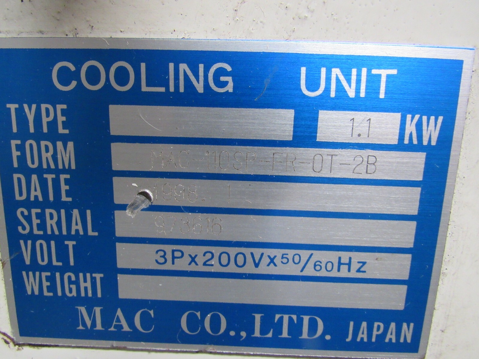 MAC COOLING MAC-110SP-FR-0T-2B 1.1KW 3P 200V, PARTS FROM OKUMA MX-60HB