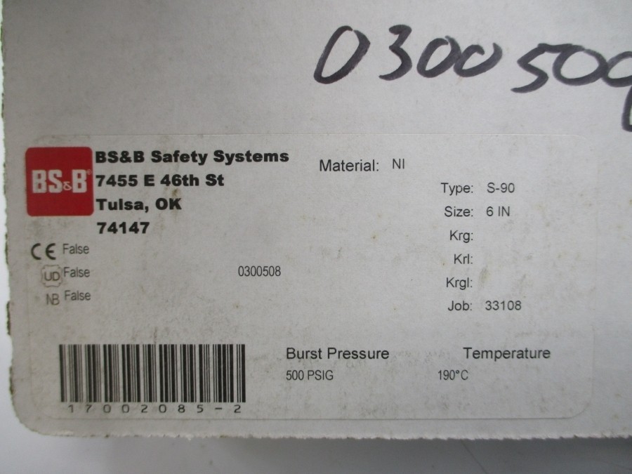 BS&B SAFETY SYSTEMS S-90 0300508 500PSI 190’C 6″ NSMP