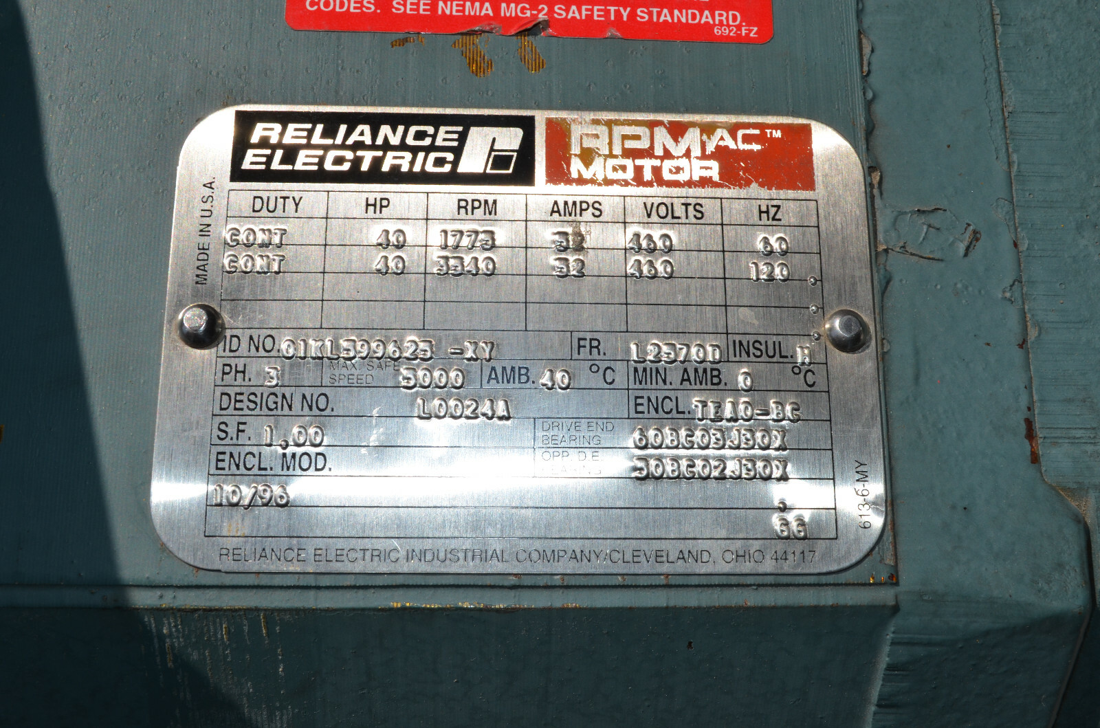Baldor Reliance 40HP AC Electric Motor Frame L2570D 1775/3540 RPM 460 VAC