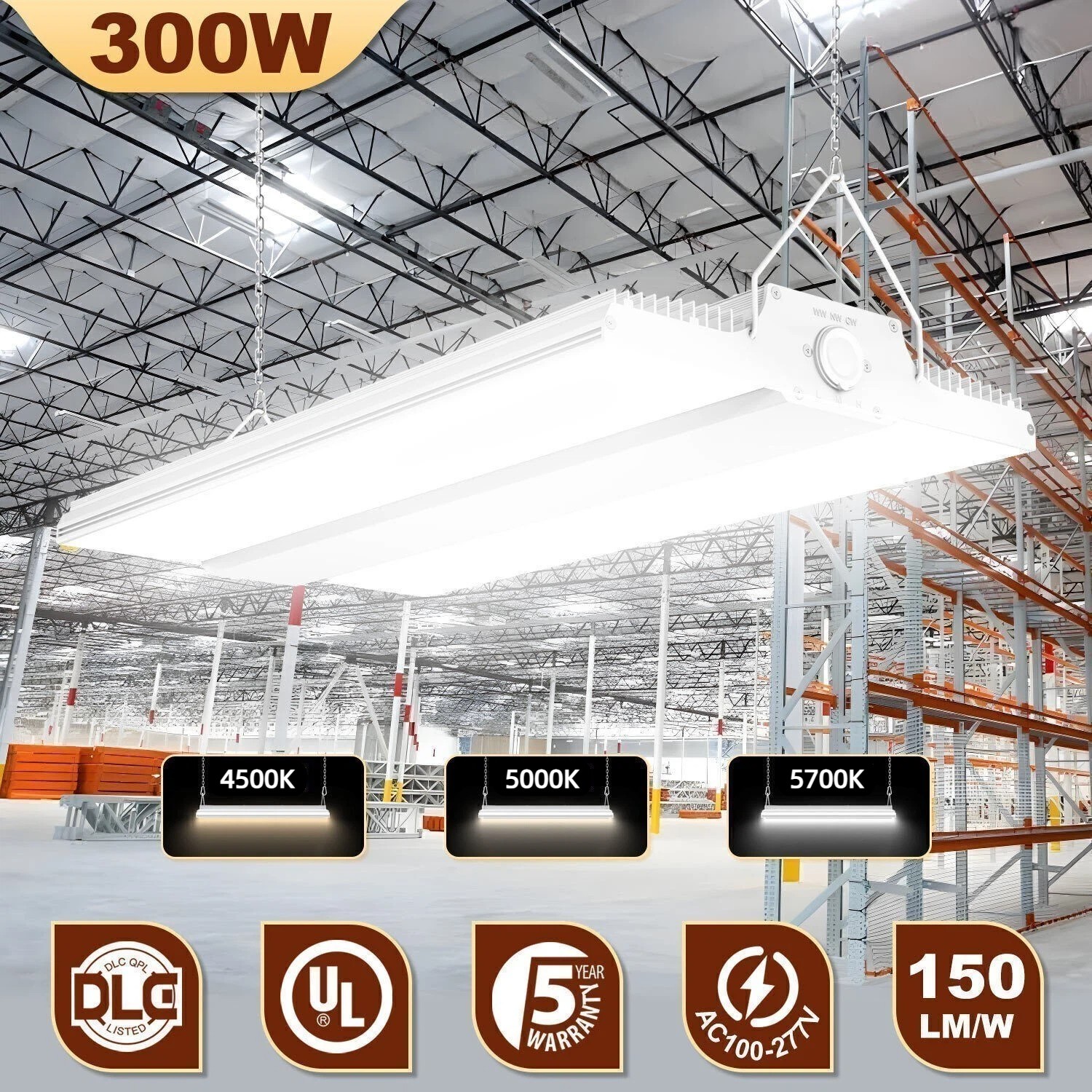 300W LED Linear High Bay Light Commercial Warehouse Garage Shop Lamp 5700K-4500K