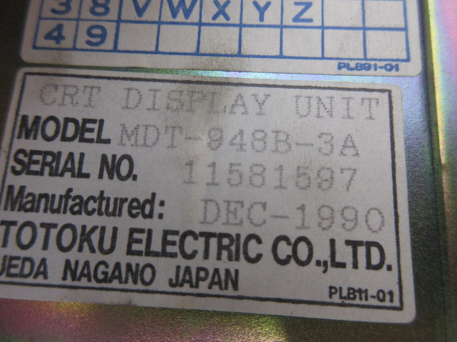 *SPECIAL PRICE* TOTOKU CRT DISPLAY MONITOR MDT-948B-3A 11581597 DEC-1990