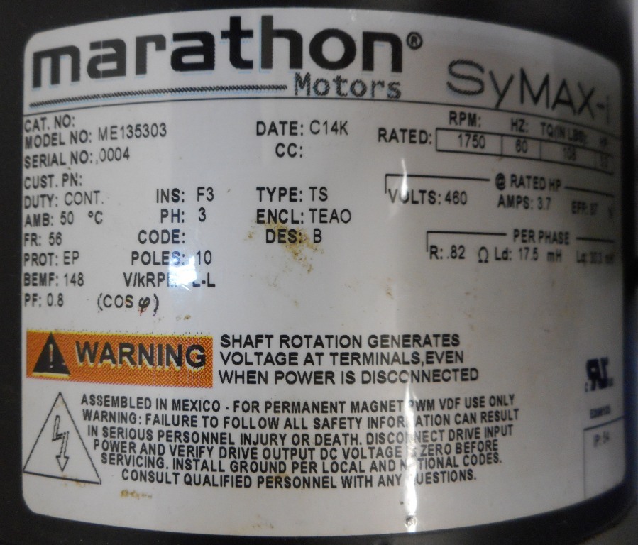 MARATHON SYMAX-I MOTOR, ME135303, 3 HP, 460 VOLTS, 3.7 AMPS, 3-PHASE, 1750 RPM