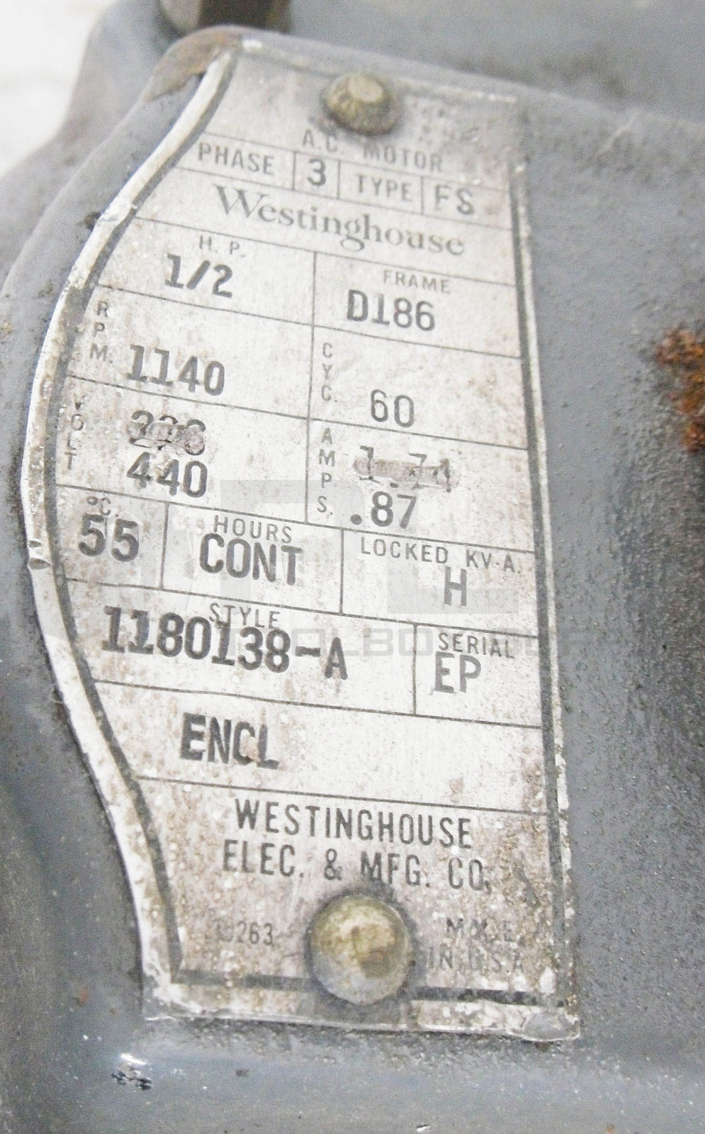 WESTINGHOUSE 1180138-A A.C. MOTOR FR:D186 1/2HP 1140RPM *READ*