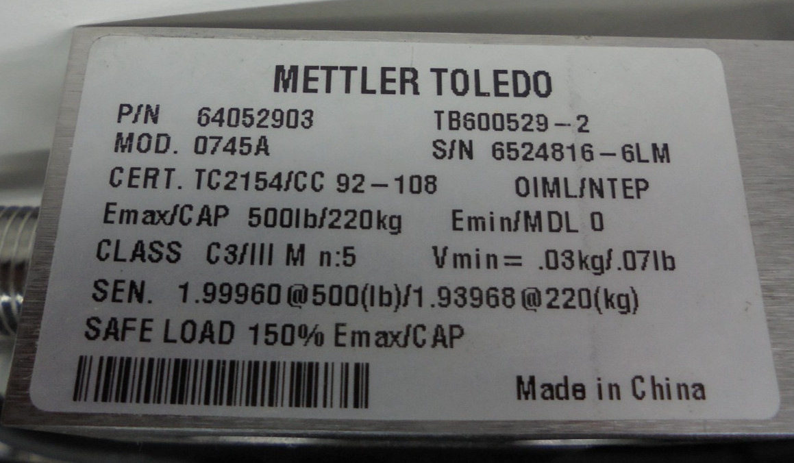 Mettler Toledo 2888P32001B11 Model 2888 4 Load Cell Capacity 1000lb/600kg