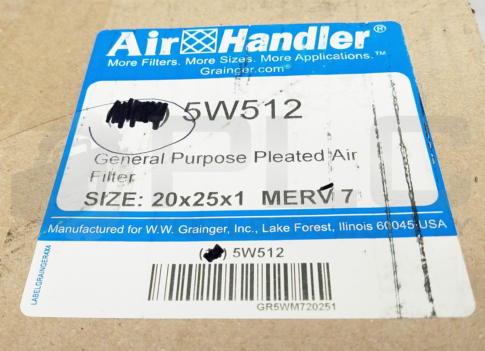 NEW BOX OF 10 GRAINGER AIR HANDLER 5W512 AIR FILTER 20 X 25 X 1 MERV7