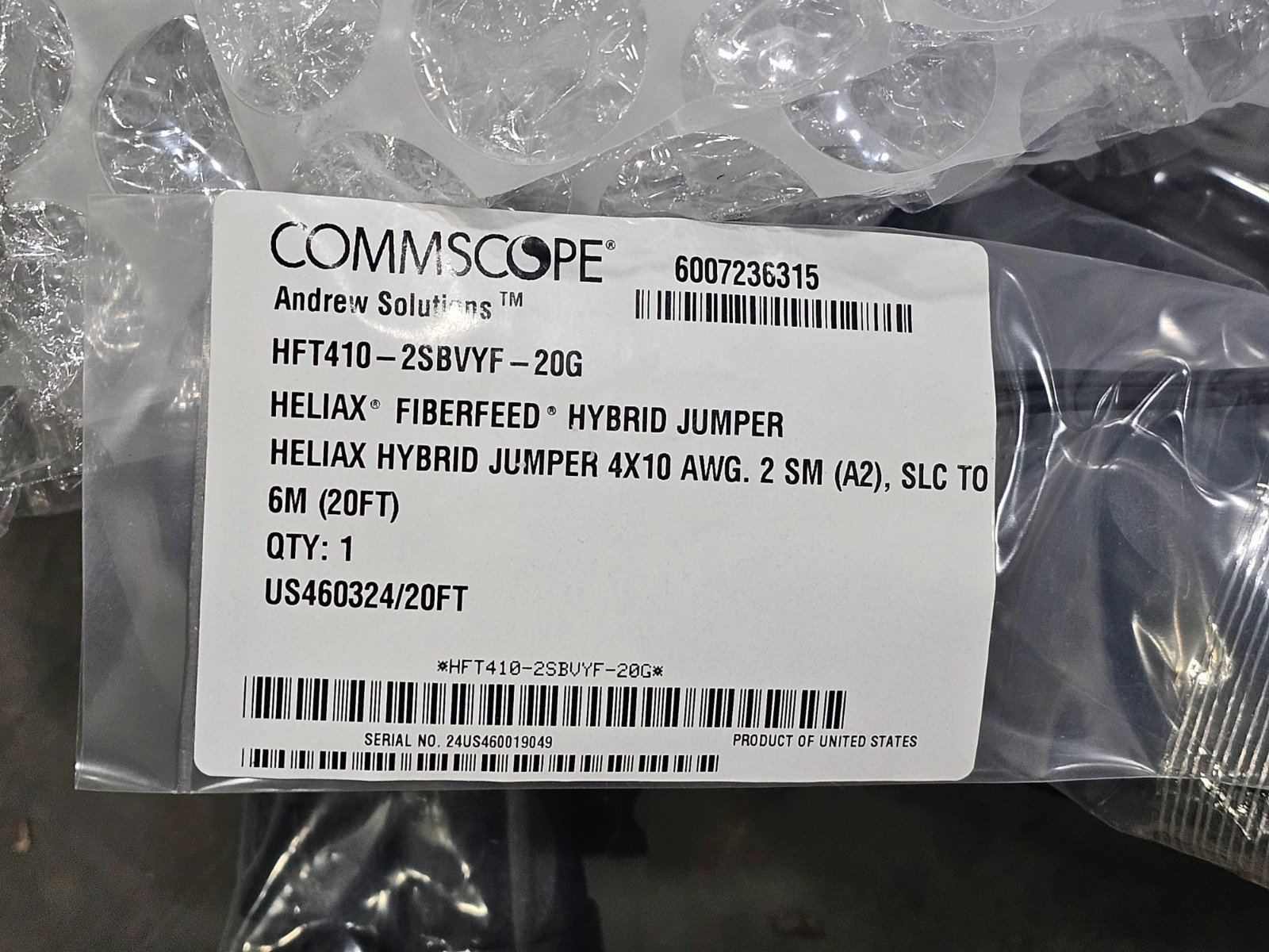 CommScope HFT410-2SBVYF-20G 20 Ft. HELIAX® FiberFeed Hybrid Jumper 4×10 AWG