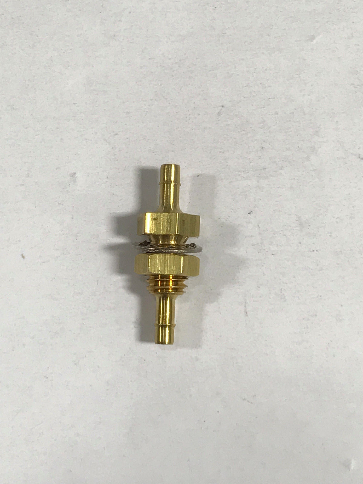 Brass bulkhead fitting, 10-32 UNF thread to 1/16 ID tubing barb both ends