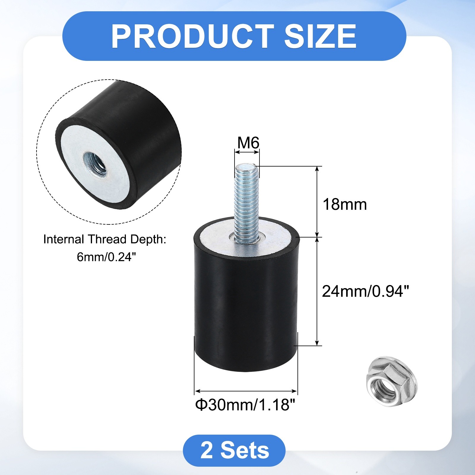 2Pcs M6x18mm Rubber Mounts, 25x30mm(DxH) Rubber Shock Absorber Mount with Nuts