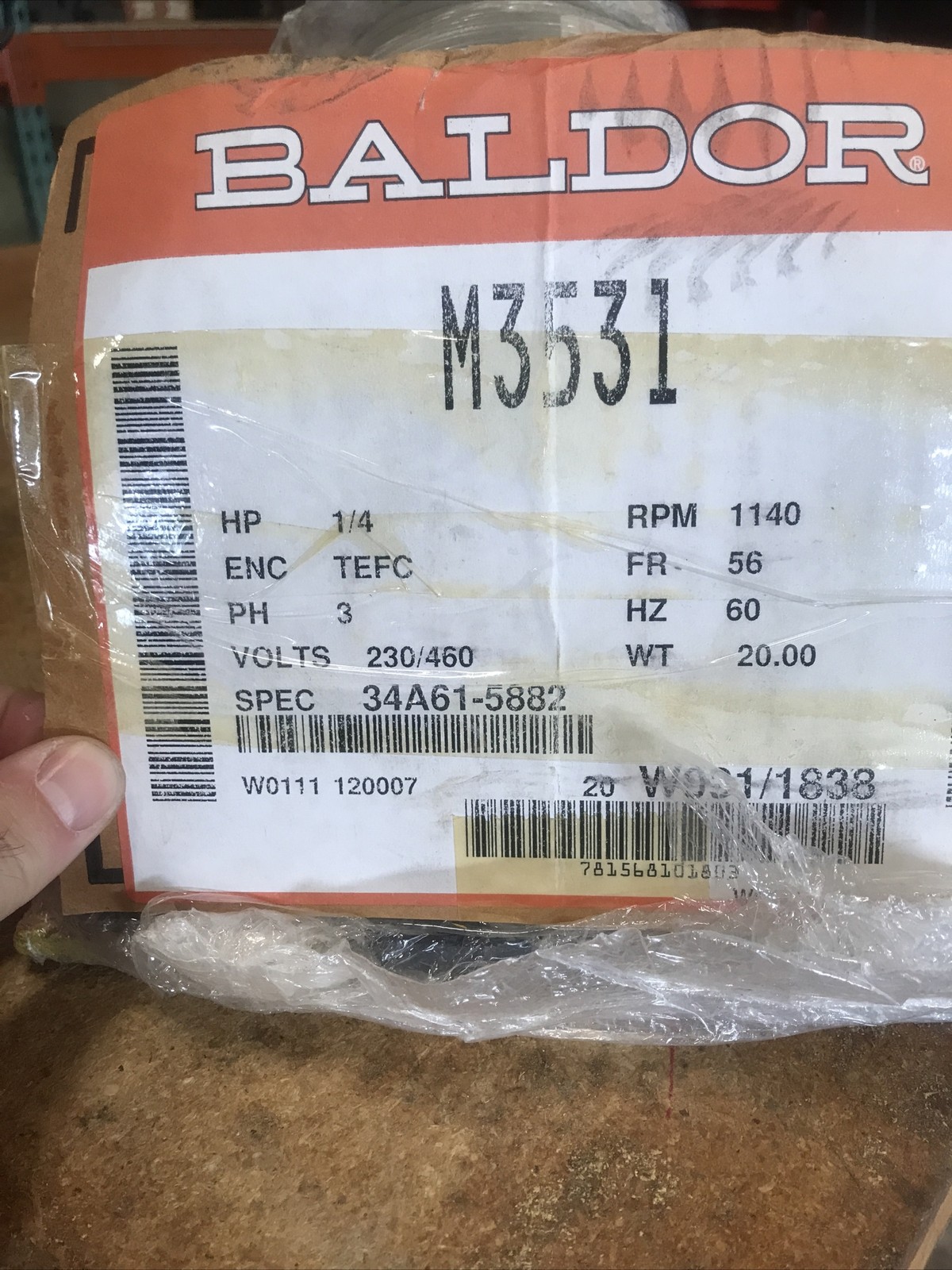 Baldor Standard-M3531 Industrial Motor 1/4 Hp 230/460V 1140RPM Frame 56 New!!