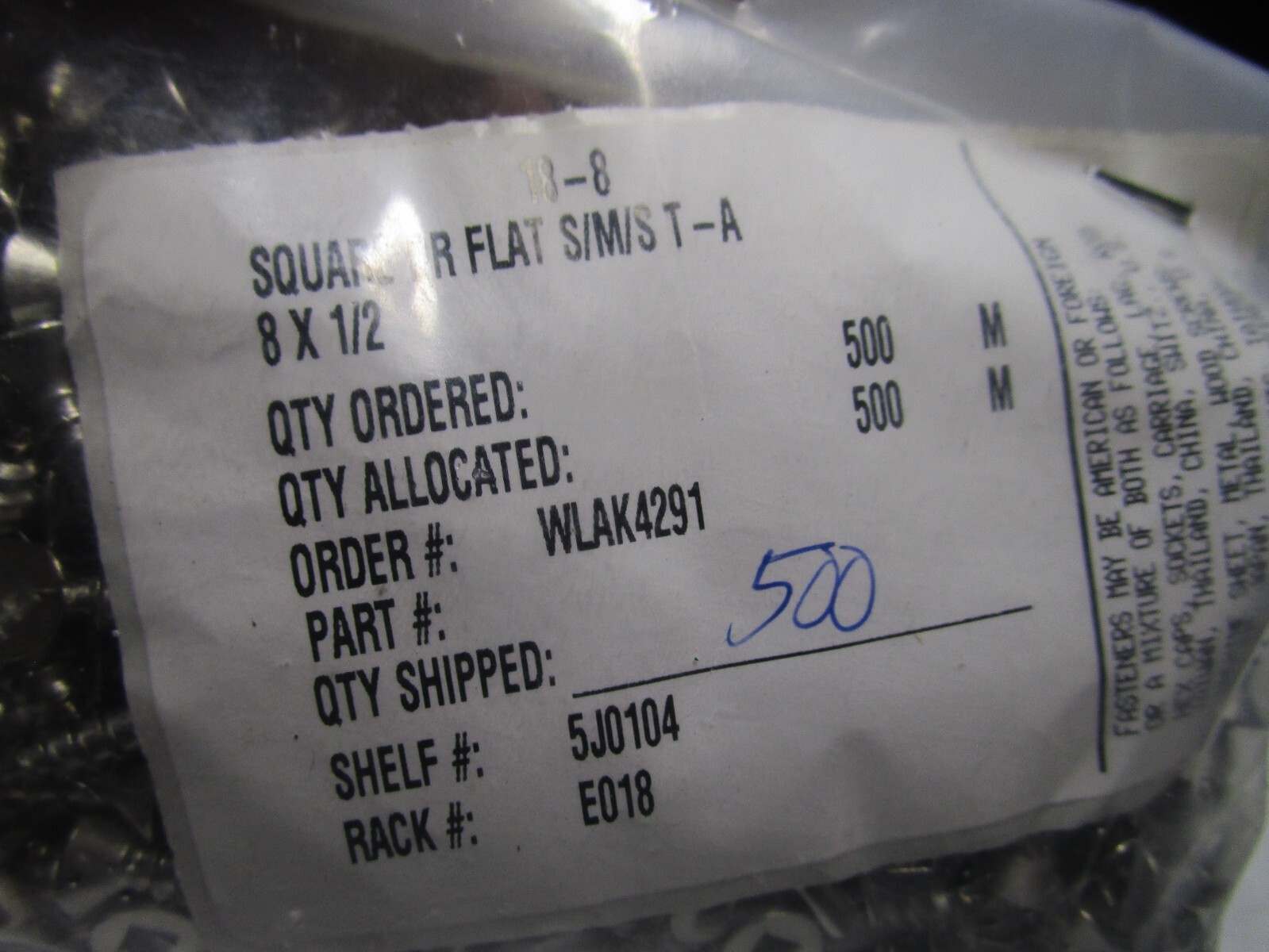 #8-15 x 1/2″ Square Flat Head Grade 18-8 Type A Pt S/S Sheet Metal Screw QTY 500