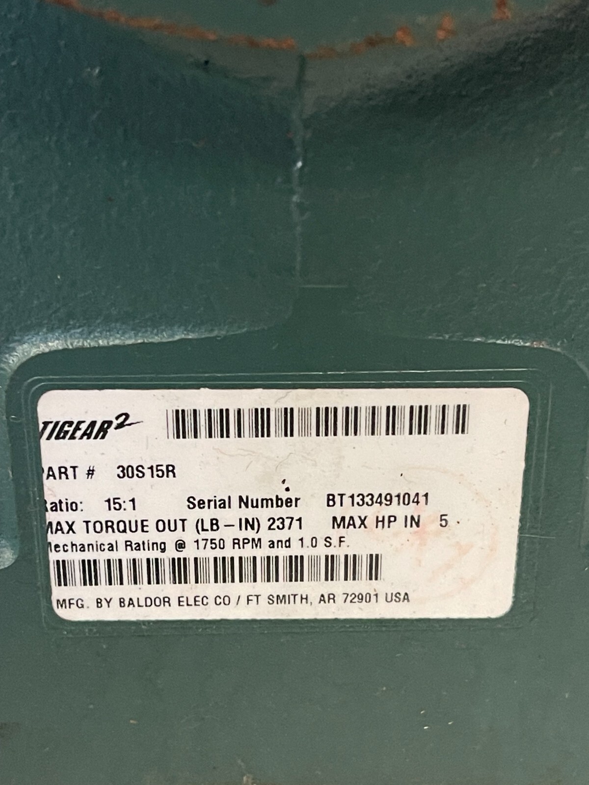 BALDOR RELIANCE INDUSTRIAL MOTOR VUHM3558 W/TIGEAR 2 GEAR REDUCER 30S15R