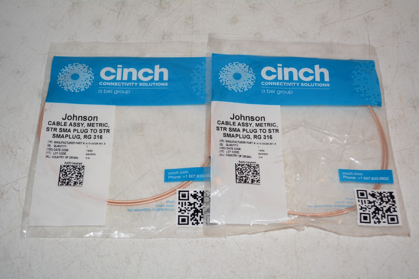 Johnson 415-0029-M1.5 Cable Assembly STR SMA Plug to STR SMA Plug RG 316 #W4878