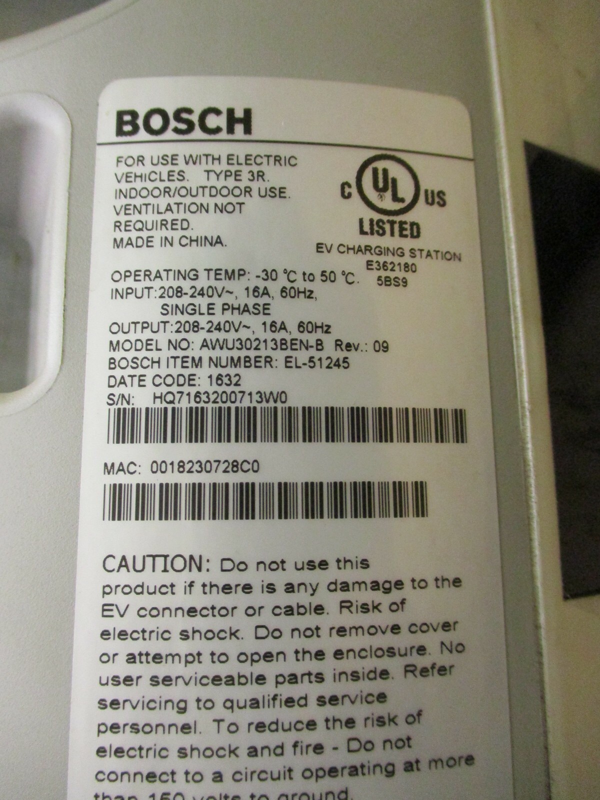 AWU30213BEN-B Bosch Power Max EV Charging Station E362180 Type 3R A3597DH