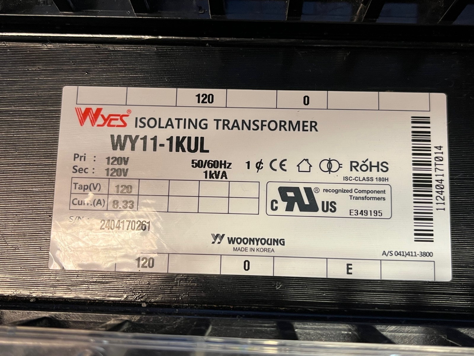 Wyes WY11-1KUL 1kVA Single-Phase Isolation Transformer UL Certified