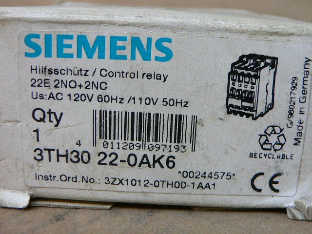 Siemens 3Th30 22-0Ak6 Contactor Relay 4Pole 2No/2Nc Ac Screw Terminals 110/120V