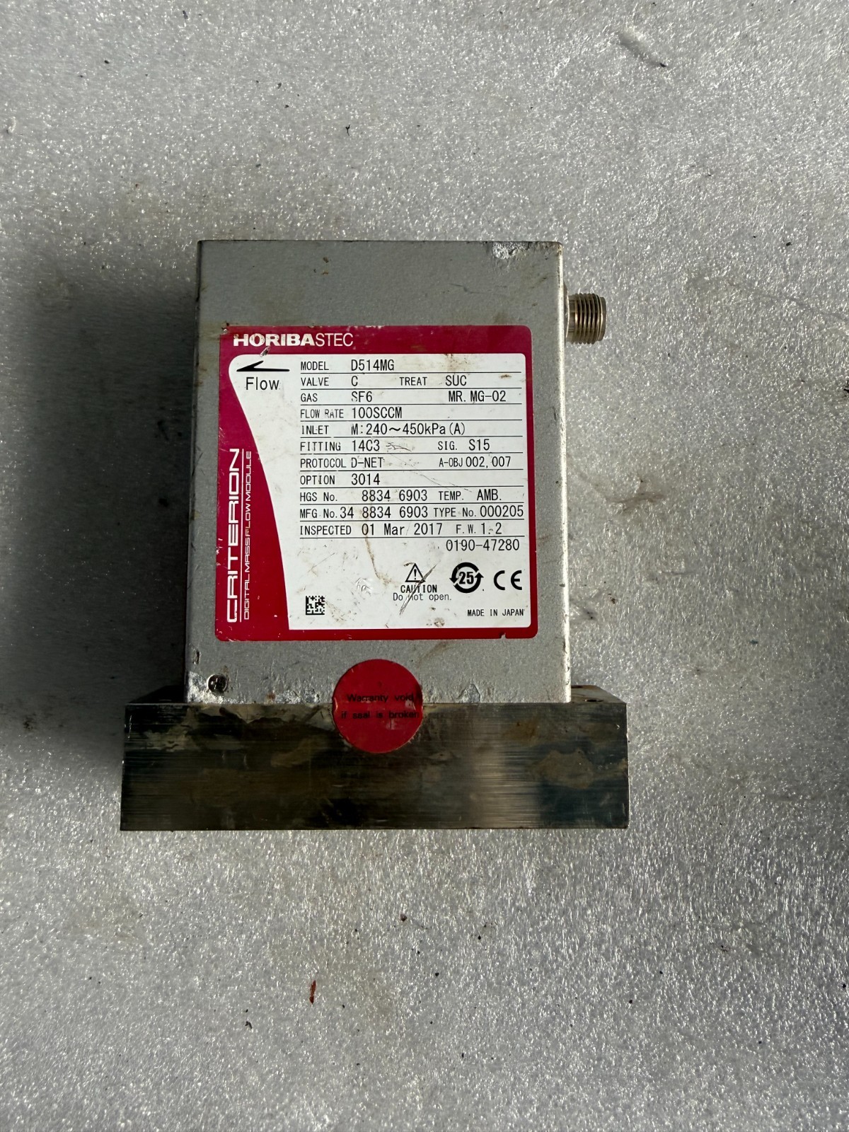 HORIBA STEC D514MG MASS FLOW CONTROLLER, SF6,100SCCM