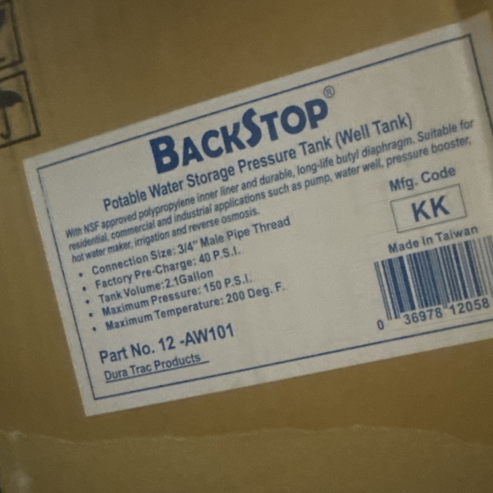 DURATRAC INC 12-AW101 Backstop 2.1 Gallon Potable Expansion Tank