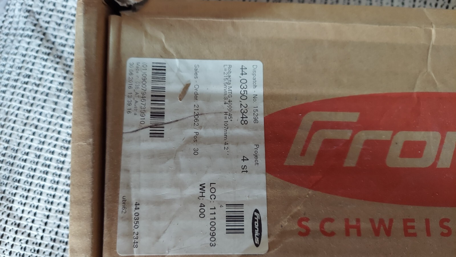 New Fronius 44,0350,2348 MTG4000 Robacta Mig/Mag Robotic Torch Body BAD BOX
