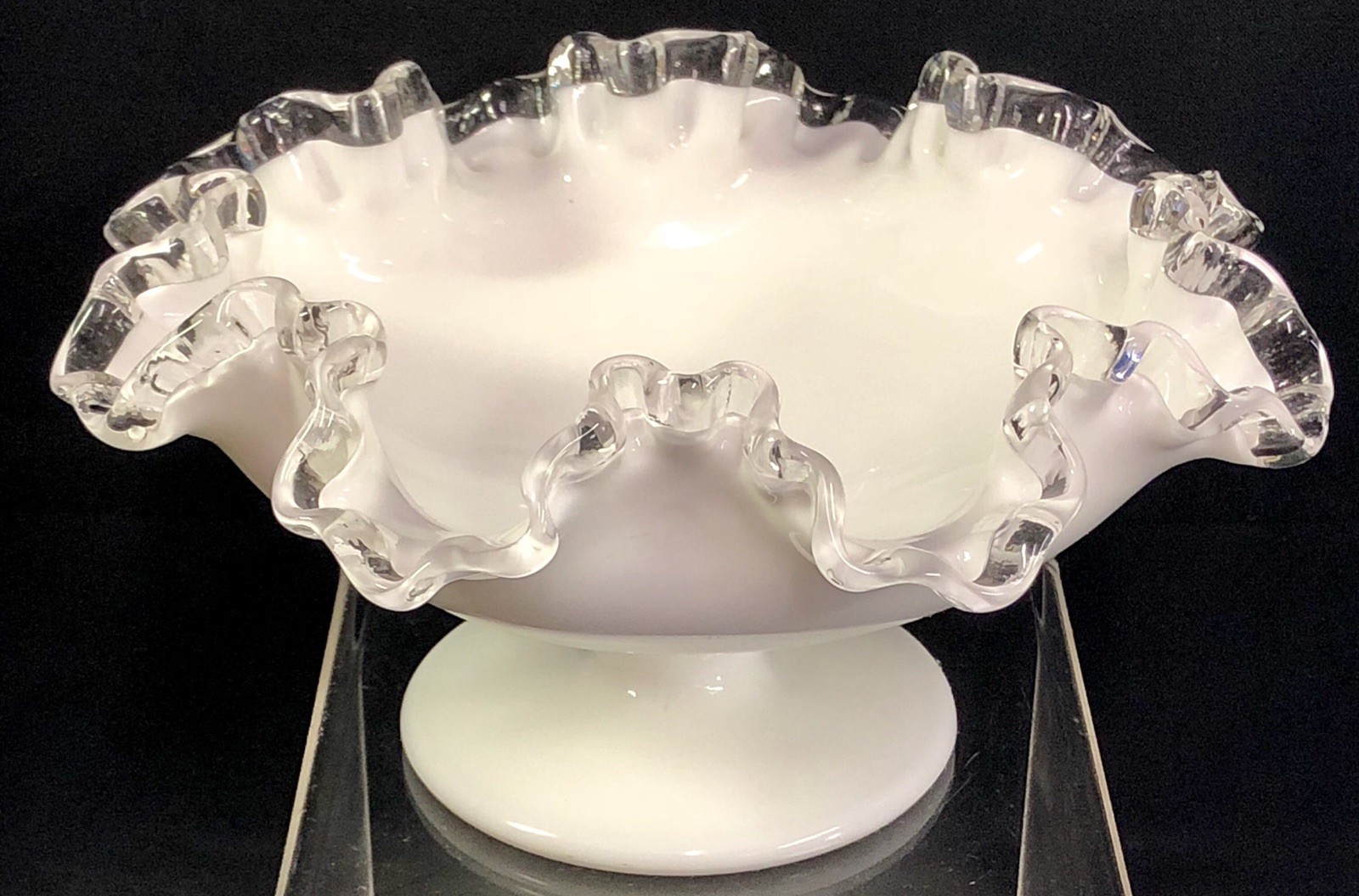 Vintage Fenton Large 8″ Milk Glass Silver Crest White Ruffled Compote Candy Dish