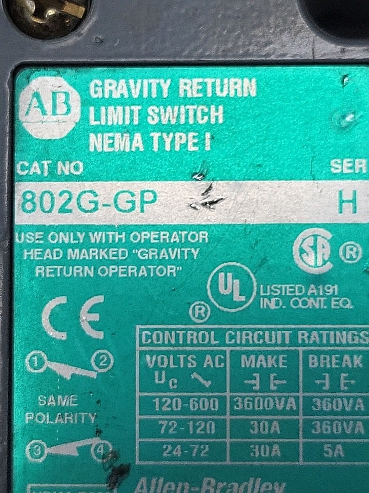 ALLEN BRADLEY 802G-GP /H LIMIT SWITCH W/40146-127-51 OPERATOR HEAD, BODY ONLY