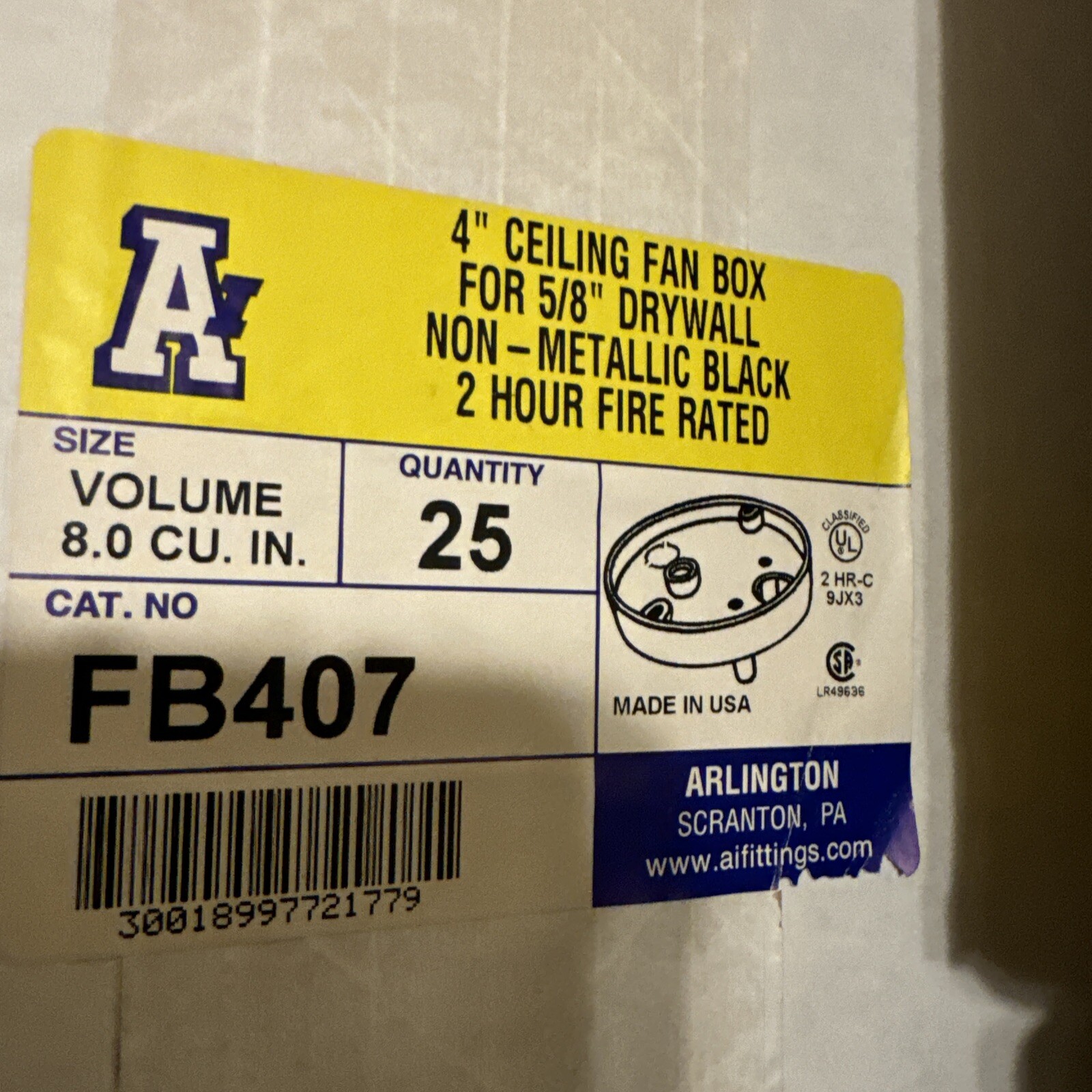 Lot 25 pcs Arlington 4″ Ceiling Fan Box FB407 5/8″ Drywall Non Metallic Black