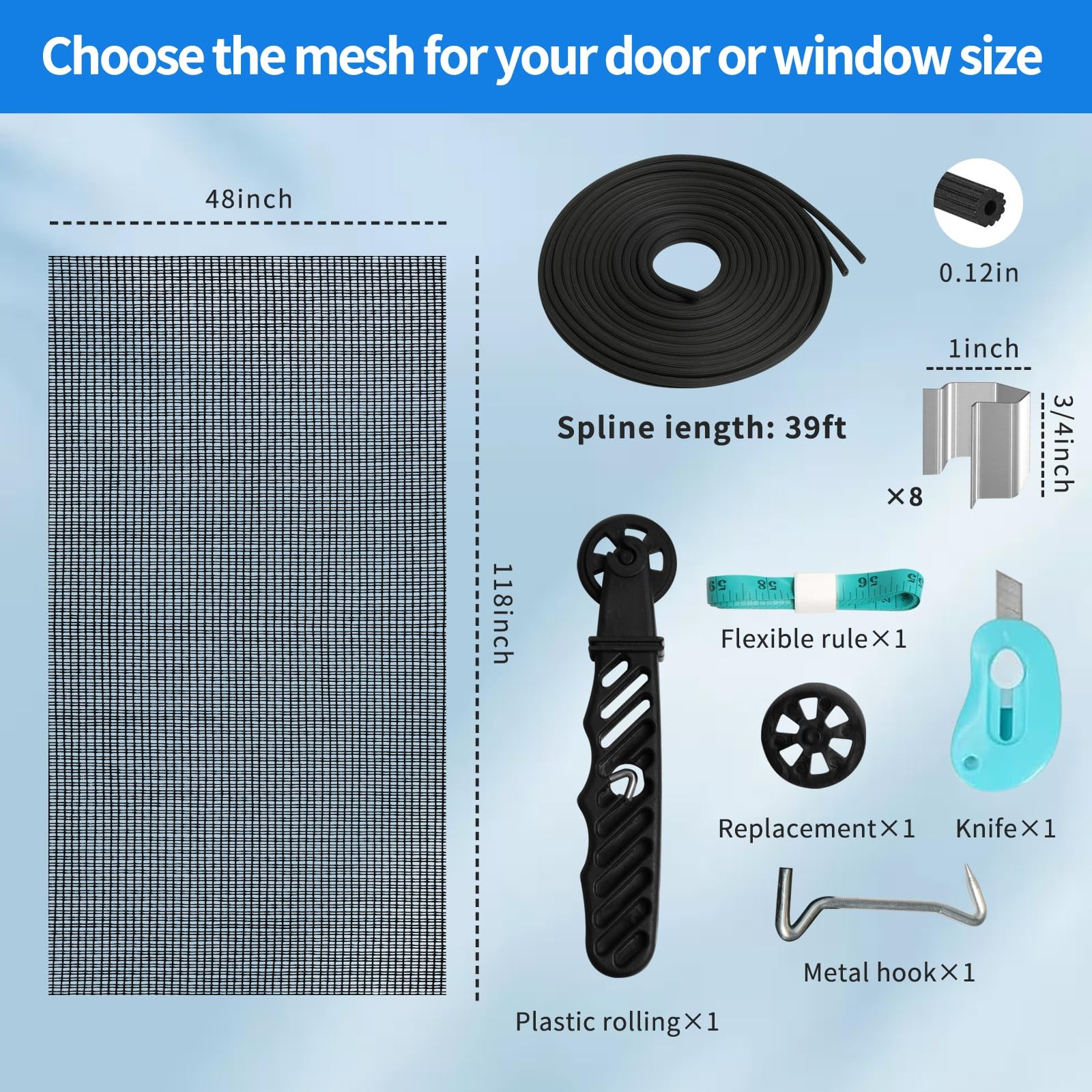 Window Screen Repair Kit, 48″x118″ Door Mesh Replacement Black