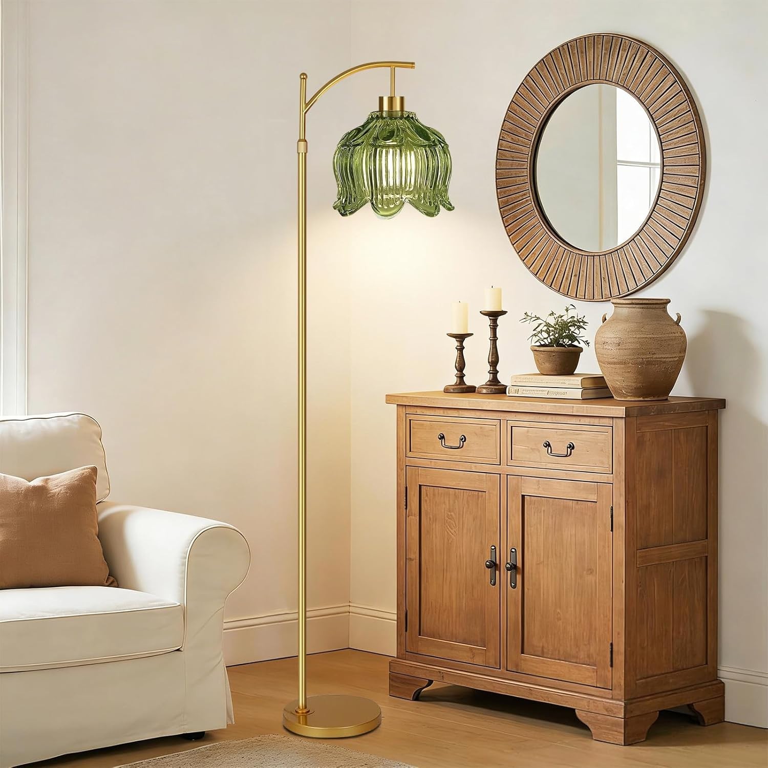 Mid Century Modern Gold Floor Lamp with Remote – Dimmable Brass & Green Glass Ar