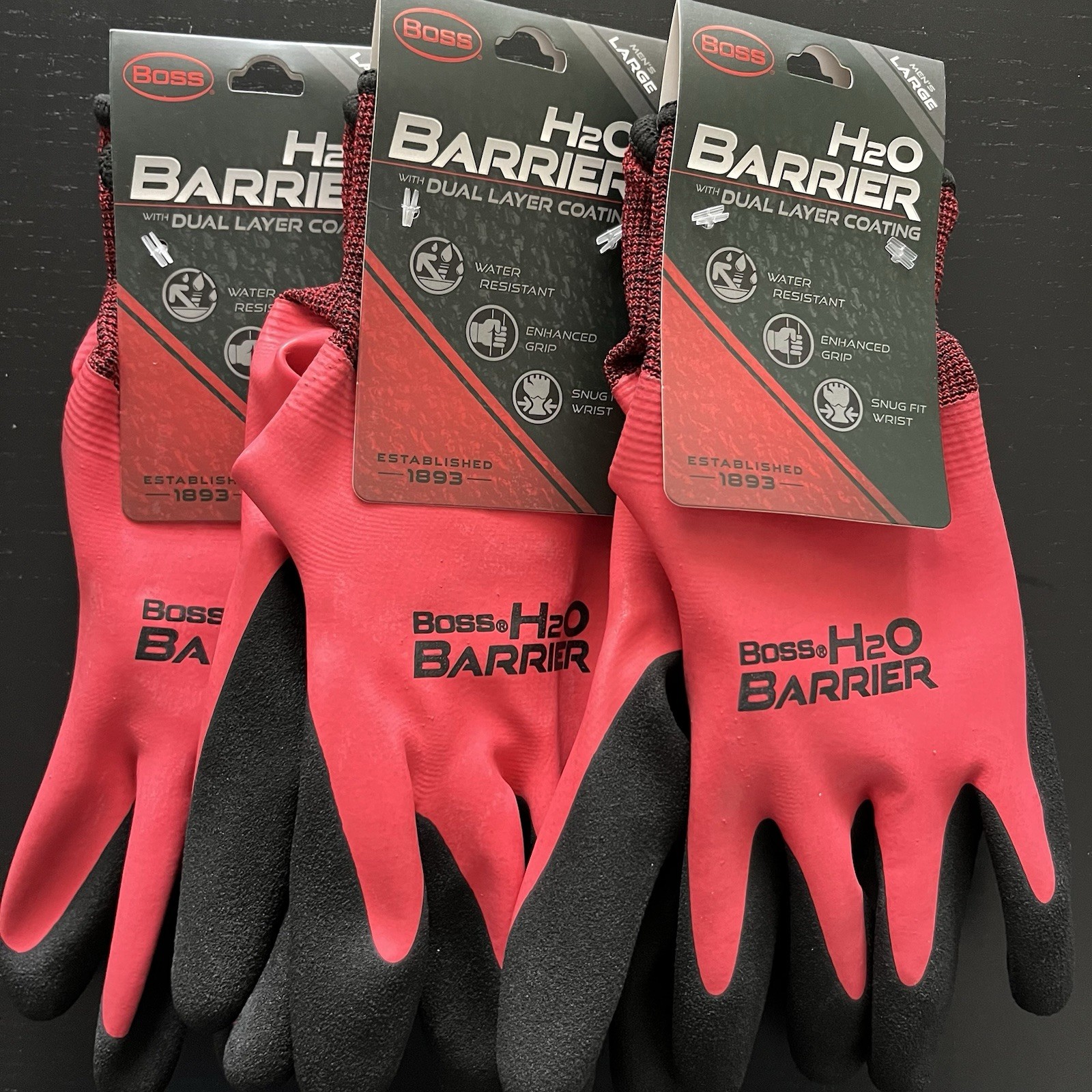 6 Pairs BOSS Men’s H2O Barrier B32231 Fully Coated Double Dipped Work Gloves L