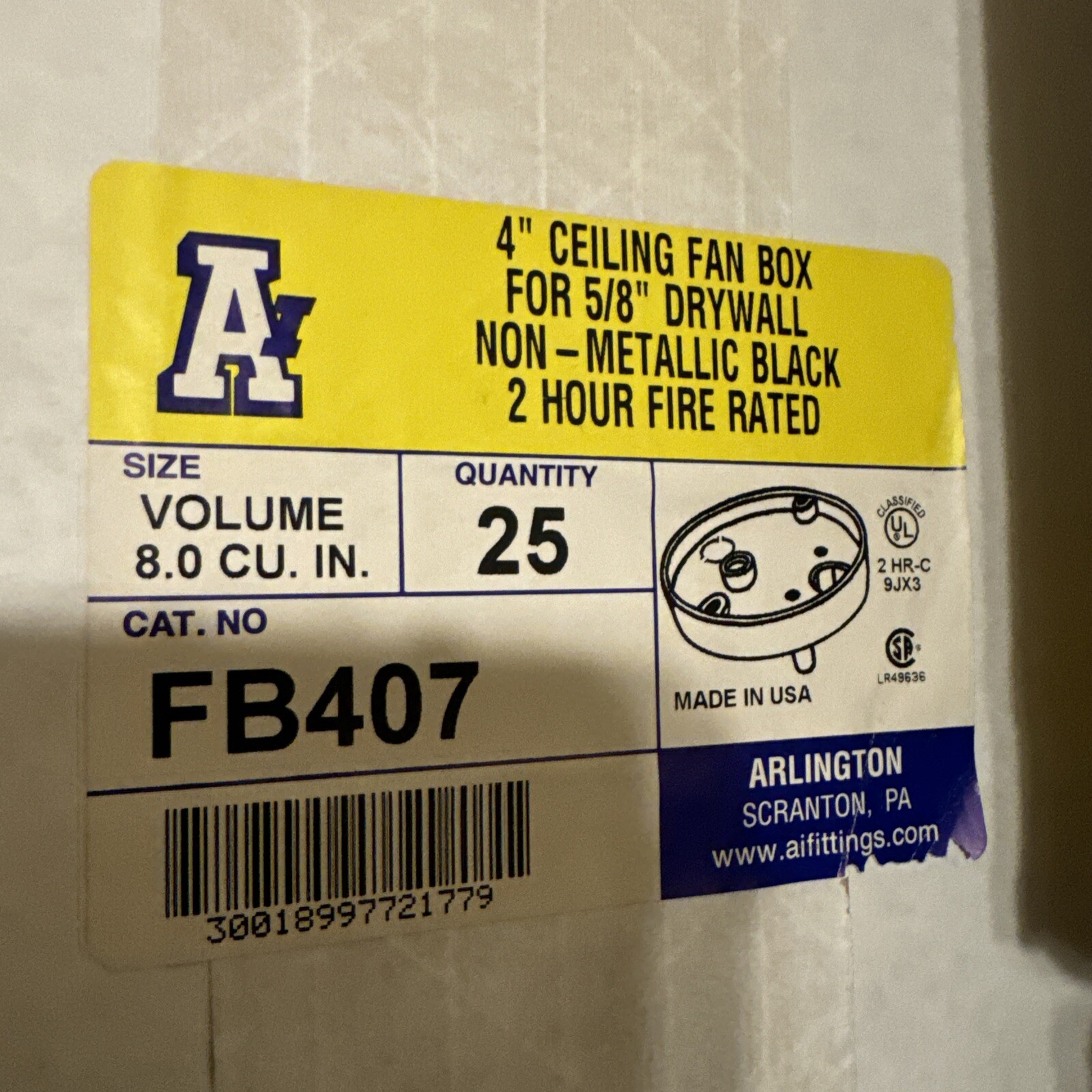 Lot 25 pcs Arlington 4″ Ceiling Fan Box FB407 5/8″ Drywall Non Metallic Black