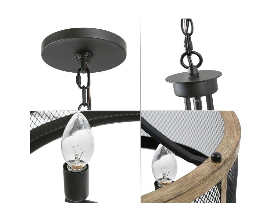 LALUZ Black Caged Chandelier, Farmhouse 4-Lt Drum Bronze Modern Round Chandelier